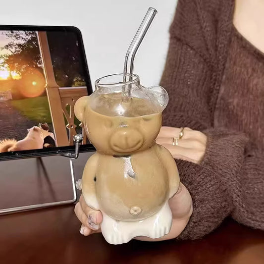Teddy Glass Cup with Straw – 320ml