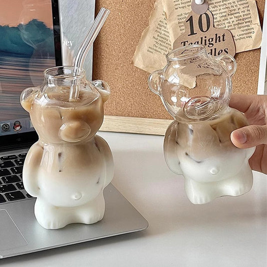 Teddy Glass Cup with Straw – 320ml