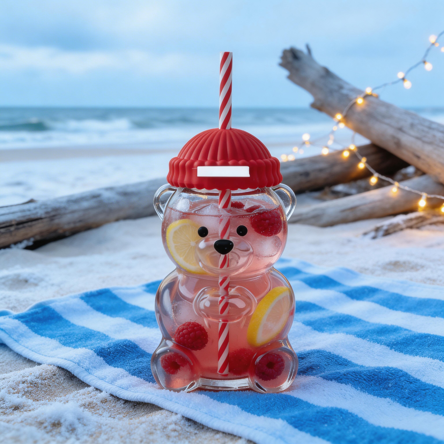 Teddy Glass Cup with Lid & Straw – 500ml