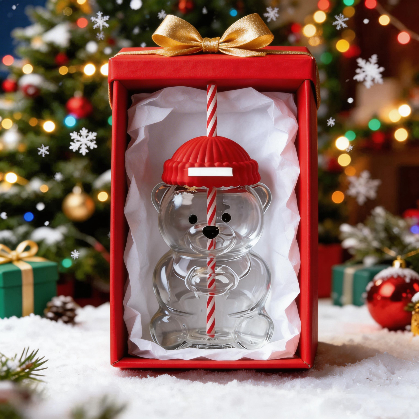 Teddy Glass Cup with Lid & Straw – 500ml