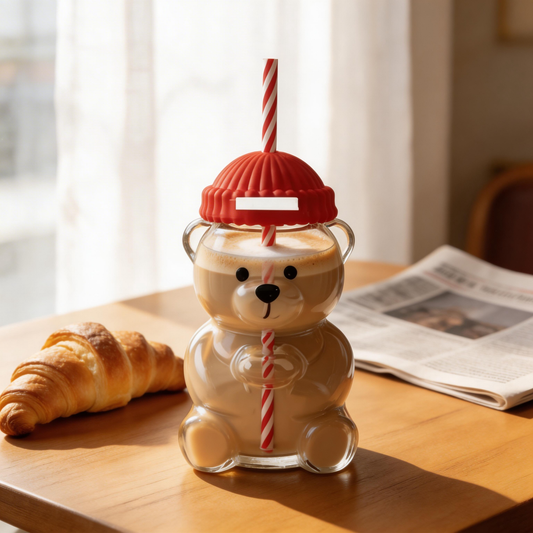 Teddy Glass Cup with Lid & Straw – 500ml